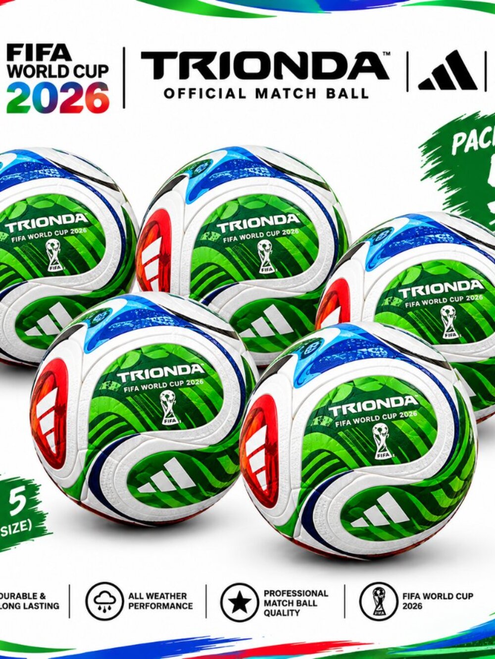 Pack of 5 TRIONDA FIFA World Cup 2026 Official Match Ball – Soccer Ball Size 5